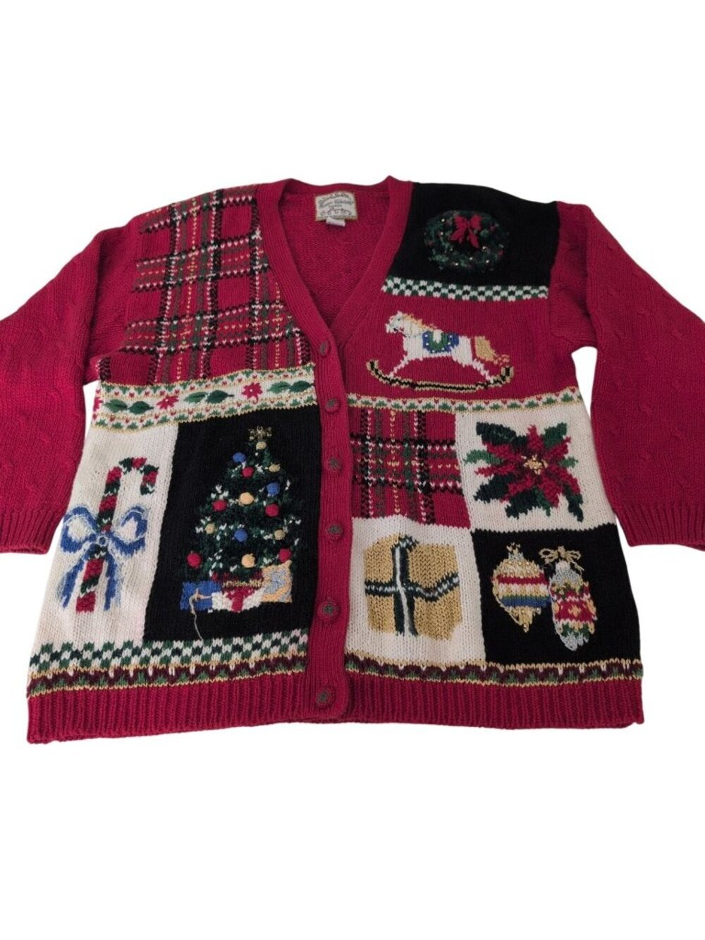 Vintage 90s Ugly Christmas Patchwork Cardigan Womens Size 18/20 Embroidered Bead